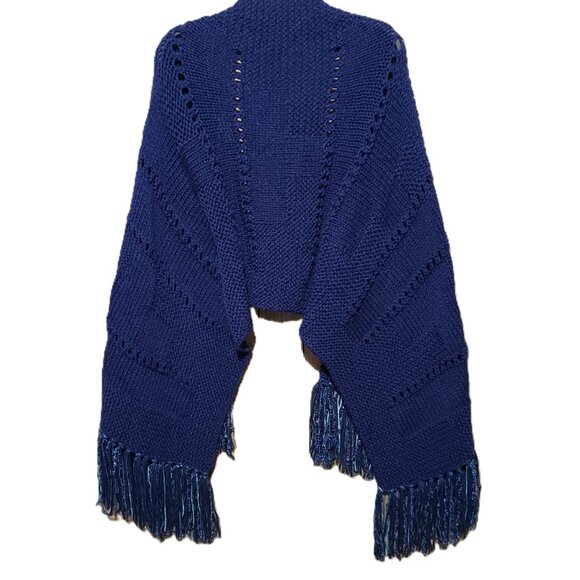 NEW Navy Blue Mix Stitch Hand Knit Knitted Shawl Wrap Scarf Eyelet Topper - Picture 2 of 9